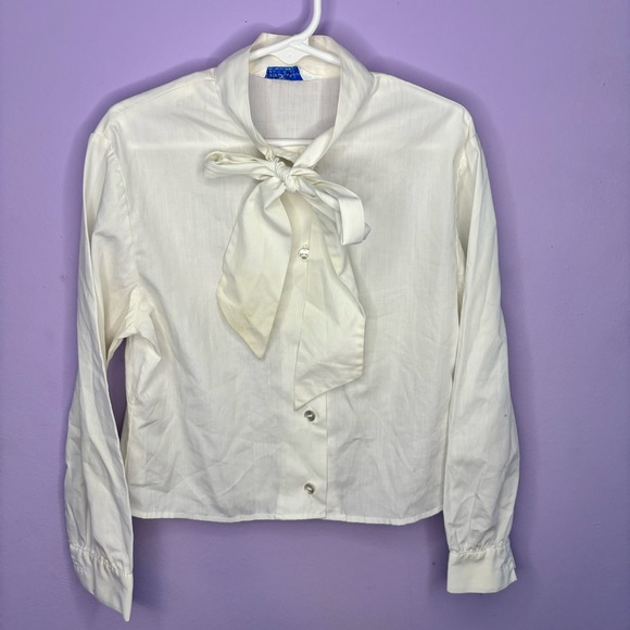 VINTAGE SEARS WHITE BUTTON UP BOW ACCENT L/S SHIRT GIRLS SIZE 7 - Picture 4 of 6